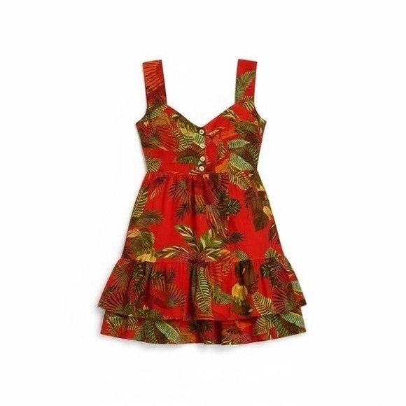 FARM Rio Forrest Birds Linen Blend Button Front Tiered Mini Dress Red Size M